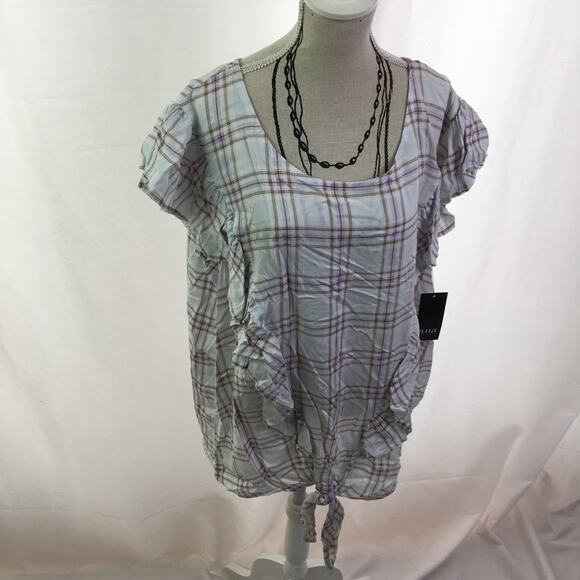 A.n.a. Ruffle short sleeve tee plaid large - Picture 1 of 16